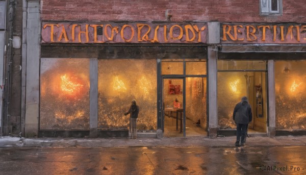 1girl,long hair,black hair,1boy,standing,jacket,outdoors,multiple boys,pants,hood,2boys,bag,from behind,black footwear,english text,black jacket,window,night,black pants,fire,building,scenery,snow,walking,sign,door,road,wide shot,street,storefront,long sleeves,shoes,coat,bug,denim,reflection,rain,snowing,hands in pockets,facing away,winter,brick wall,neon lights