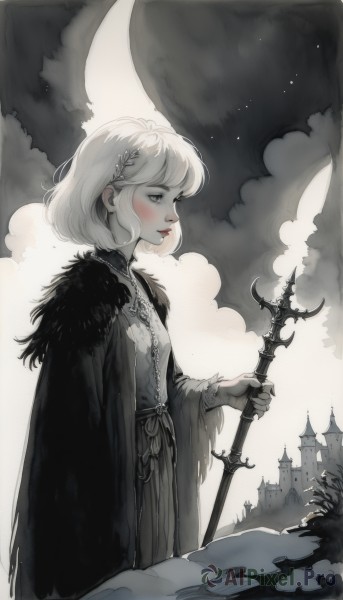 1girl,solo,blush,short hair,bangs,hair ornament,long sleeves,dress,holding,jewelry,closed mouth,standing,monochrome,weapon,white hair,cowboy shot,outdoors,sky,cloud,medium hair,cape,holding weapon,from side,lips,grey eyes,fur trim,profile,makeup,night,moon,bob cut,cloudy sky,lipstick,staff,pale skin,cloak,spot color,holding staff,red lips,castle,grey theme,greyscale,nose