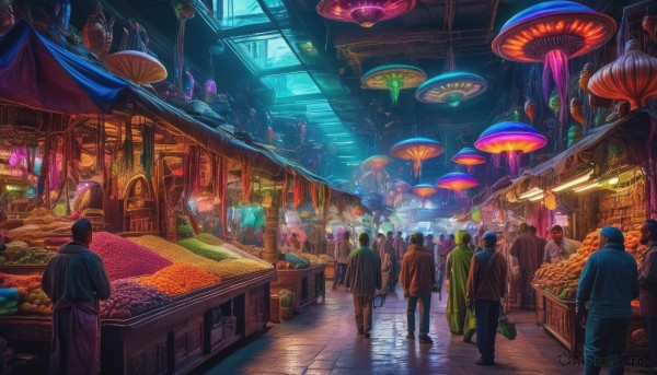 hat,standing,multiple boys,indoors,from behind,window,table,scenery,walking,6+boys,fantasy,facing away,mushroom,crowd,shop,6+others,multiple girls,outdoors,water,bag,night,building,science fiction,lantern,city,sign,road,multiple others,street,neon lights,people