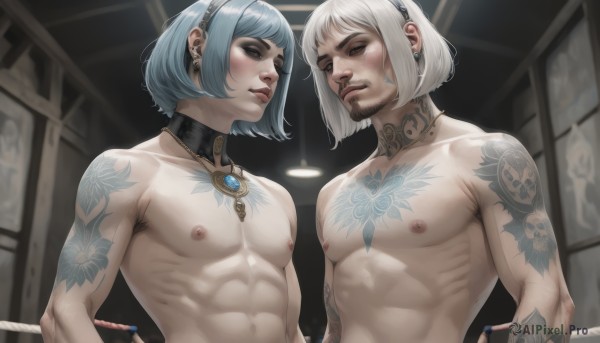 short hair,bangs,brown eyes,jewelry,closed mouth,nipples,blue hair,closed eyes,upper body,white hair,grey hair,male focus,nude,hairband,earrings,parted lips,multiple boys,choker,indoors,2boys,necklace,mole,looking at another,collar,lips,tattoo,muscular,facial hair,piercing,abs,pectorals,muscular male,ear piercing,beard,topless male,realistic,arm tattoo,shoulder tattoo,chest tattoo,armpit hair,neck tattoo,1girl,blush,1boy,collarbone,shiny,blurry,detached collar,blurry background,bob cut,gem,pendant,blue nails,freckles,toned,toned male,stomach tattoo,body markings