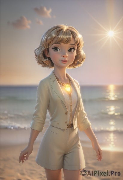 1girl,solo,breasts,looking at viewer,smile,short hair,bangs,blonde hair,brown hair,shirt,long sleeves,brown eyes,jewelry,standing,jacket,white shirt,heart,cowboy shot,small breasts,outdoors,parted lips,open clothes,sky,shorts,belt,artist name,cloud,signature,water,necklace,blurry,open jacket,lips,looking to the side,short shorts,buttons,depth of field,blurry background,glowing,ocean,beach,formal,sunlight,white jacket,sleeves rolled up,backlighting,sunset,white shorts,arms at sides,sun,horizon,heart necklace,day,makeup,lipstick,red lips