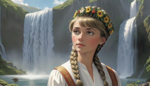 1girl,solo,long hair,bangs,blonde hair,brown hair,hair ornament,brown eyes,jewelry,upper body,braid,flower,earrings,outdoors,parted lips,sky,day,cloud,hair flower,water,twin braids,blue sky,lips,looking to the side,looking away,looking up,portrait,scenery,hair over shoulder,mountain,yellow flower,nose,red lips,stud earrings,looking afar,head wreath,waterfall,flower wreath,traditional clothes,blush,dress,sunlight,cloudy sky,realistic,cliff