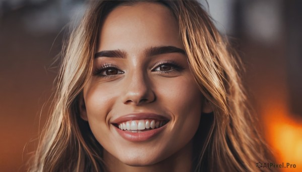 1girl,solo,long hair,looking at viewer,smile,open mouth,blonde hair,brown hair,brown eyes,teeth,grin,blurry,lips,eyelashes,depth of field,blurry background,portrait,forehead,realistic,nose,multicolored hair,parody,fire,close-up