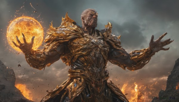 solo,1boy,closed mouth,standing,yellow eyes,male focus,cowboy shot,outdoors,sky,cloud,dark skin,armor,glowing,facial hair,dark-skinned male,cloudy sky,fire,shoulder armor,gauntlets,glowing eyes,beard,pauldrons,breastplate,rock,vambraces,magic,bald,open hands,gold armor,short hair,white hair,grey hair,outstretched arms,fantasy,embers,grey sky