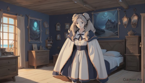 1girl,solo,long hair,looking at viewer,smile,bangs,blue eyes,blonde hair,hair ornament,long sleeves,dress,ribbon,twintails,jewelry,closed mouth,standing,earrings,indoors,hair bun,cape,white dress,sleeves past wrists,pillow,window,double bun,black ribbon,bed,table,plant,curtains,sleeves past fingers,lantern,wooden floor,clock,potted plant,lamp,bedroom,vase,picture frame,painting (object),drawer,cabinet,globe,chest of drawers,hair ribbon,grey hair,day,book,neck ribbon,on bed,cloak,shelf