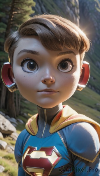 1girl,solo,breasts,looking at viewer,smile,short hair,brown hair,brown eyes,closed mouth,upper body,small breasts,outdoors,cape,blurry,tree,lips,bodysuit,blurry background,child,freckles,rock,realistic,female child,very short hair,superhero,eyelashes,genderswap,genderswap (mtf)