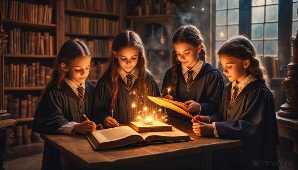 long hair,smile,multiple girls,brown hair,shirt,black hair,long sleeves,holding,jewelry,sitting,school uniform,closed eyes,white shirt,braid,earrings,necktie,collared shirt,indoors,3girls,blurry,twin braids,book,window,4girls,wavy hair,chair,table,fire,holding book,robe,open book,wand,bookshelf,reading,magic,candle,striped necktie,black robe,hogwarts school uniform,closed mouth,upper body,striped,signature,sweater,scar,hair over shoulder,forehead,half updo,realistic,scroll,hair pulled back,book stack,floating object,holding wand,library,quill,wooden table,levitation