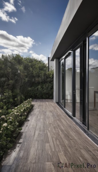 outdoors,sky,day,cloud,tree,blue sky,no humans,window,shadow,cloudy sky,plant,building,scenery,wooden floor,door,road,bush,house,nature,forest,path