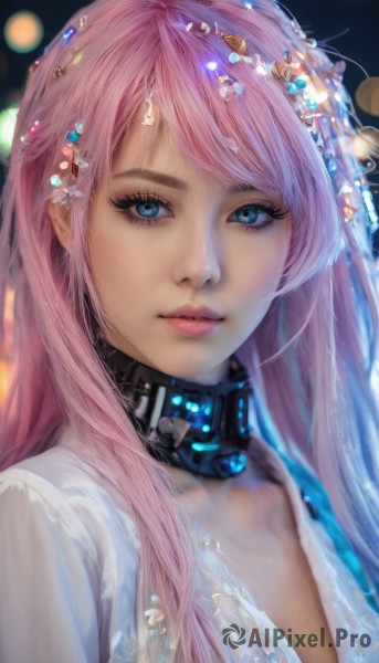 1girl,solo,long hair,breasts,looking at viewer,bangs,blue eyes,hair ornament,cleavage,closed mouth,upper body,pink hair,choker,blurry,collar,lips,see-through,eyelashes,makeup,depth of field,swept bangs,gem,portrait,close-up,crystal,pink lips,realistic,nose,bokeh,mascara,parted lips