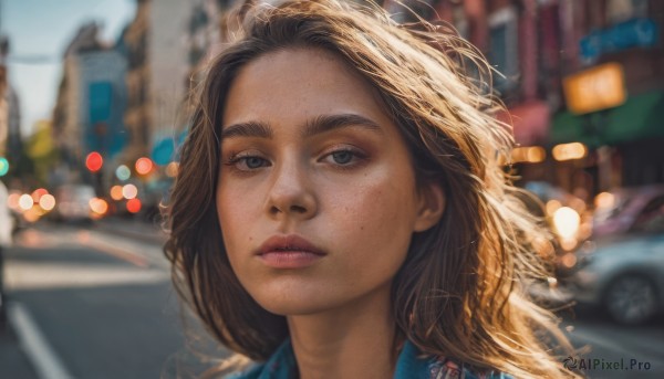 1girl, solo, long hair, looking at viewer, blonde hair, brown hair, outdoors, parted lips, mole, blurry, lips, depth of field, blurry background, thick eyebrows, ground vehicle, portrait, mole under mouth, motor vehicle, freckles, realistic, nose, car, road, mole on cheek