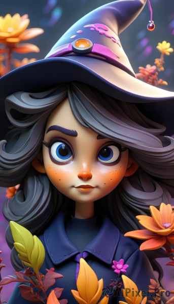 1girl,solo,long hair,looking at viewer,blue eyes,shirt,black hair,hat,closed mouth,upper body,flower,grey hair,collared shirt,artist name,lips,eyelashes,witch hat,thick eyebrows,portrait,blue headwear,freckles,curly hair,yellow flower,witch,orange flower,bangs,blurry,blurry background