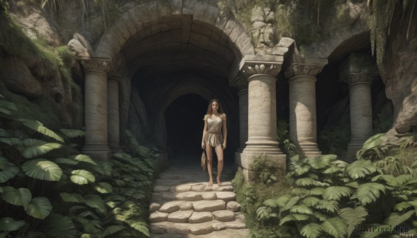 1girl,solo,long hair,breasts,brown hair,dress,bare shoulders,standing,weapon,barefoot,artist name,leaf,plant,nature,scenery,walking,stairs,fantasy,ruins,vines,wide shot,pillar,statue,arch,moss,overgrown,column,blonde hair,holding,outdoors,shoes,sword,white dress,bare legs,sandals,grass