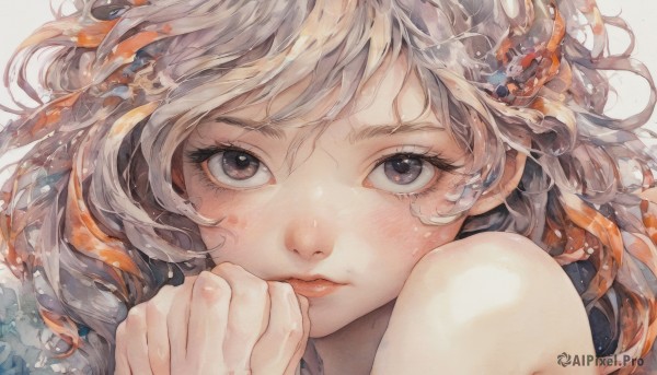 1girl,solo,long hair,looking at viewer,blush,bangs,simple background,brown hair,hair ornament,white background,bare shoulders,brown eyes,closed mouth,grey hair,multicolored hair,lips,grey eyes,eyelashes,portrait,close-up,wavy hair,own hands together,fish,painting (medium),coral