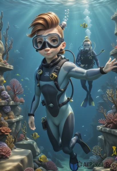 1girl,solo,looking at viewer,smile,short hair,brown hair,brown eyes,water,bodysuit,ocean,goggles,fish,bubble,rock,underwater,air bubble,swimming,submerged,diving mask,turtle,freediving,coral,snorkel,wetsuit,seaweed,diving,flat chest