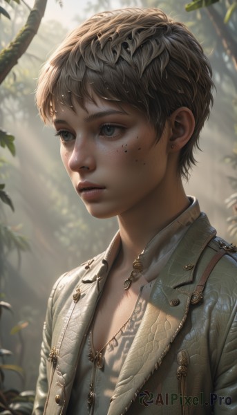 1girl,solo,short hair,brown hair,shirt,1boy,jewelry,closed mouth,jacket,upper body,male focus,earrings,outdoors,open clothes,day,artist name,necklace,blurry,black eyes,tree,lips,grey eyes,eyelashes,tattoo,blurry background,leaf,looking away,piercing,sunlight,messy hair,nature,androgynous,forest,zipper,freckles,realistic,nose,stud earrings,very short hair,dappled sunlight,bangs,blue eyes,black hair,parted lips,open jacket,depth of field,expressionless,looking afar