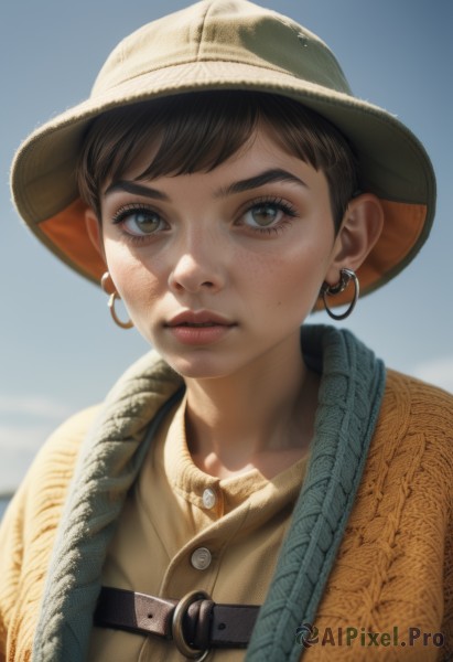 1girl,solo,looking at viewer,short hair,bangs,brown hair,shirt,black hair,hat,brown eyes,jewelry,upper body,earrings,outdoors,parted lips,sky,day,collared shirt,belt,blurry,blue sky,lips,eyelashes,buttons,blurry background,portrait,freckles,hoop earrings,realistic,nose,mole on cheek,signature,scarf,thick eyebrows,strap