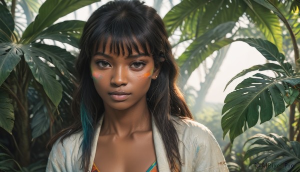 1girl,solo,long hair,looking at viewer,smile,bangs,brown hair,black hair,brown eyes,jewelry,collarbone,upper body,earrings,parted lips,artist name,signature,dark skin,blurry,black eyes,dark-skinned female,lips,wet,eyelashes,leaf,watermark,bug,plant,portrait,web address,realistic,nose,breasts,shirt,cleavage,medium breasts,white shirt,bikini,outdoors,open clothes,day,tree,facial mark,piercing,sunlight,nature,forest,facepaint