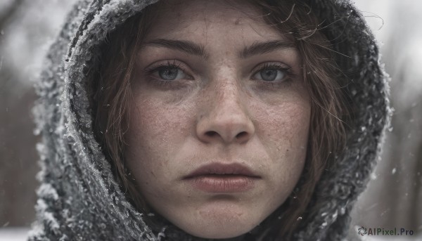 1girl,solo,looking at viewer,short hair,brown hair,closed mouth,outdoors,parted lips,hood,blurry,black eyes,lips,grey eyes,eyelashes,depth of field,blurry background,portrait,snow,close-up,hood up,freckles,snowing,realistic,nose,winter,fur trim