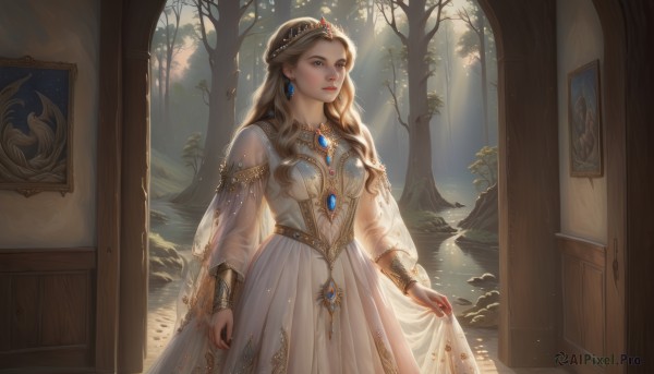 1girl,solo,long hair,breasts,looking at viewer,blue eyes,blonde hair,long sleeves,dress,jewelry,closed mouth,standing,earrings,outdoors,indoors,necklace,white dress,tree,lips,see-through,sunlight,tiara,crown,gem,nature,forest,light rays,skirt hold,long dress,red lips,painting (object),princess,brown hair,medium breasts,braid,parted lips,water,bracelet,wavy hair,gold trim,realistic