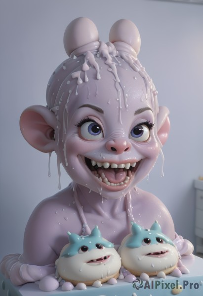 1girl,solo,smile,open mouth,blue eyes,collarbone,upper body,teeth,wet,monster girl,dog,realistic,what,looking at viewer,sweat,pointy ears,artist name,indoors,no humans,saliva,colored skin,creature,suggestive fluid,pink skin