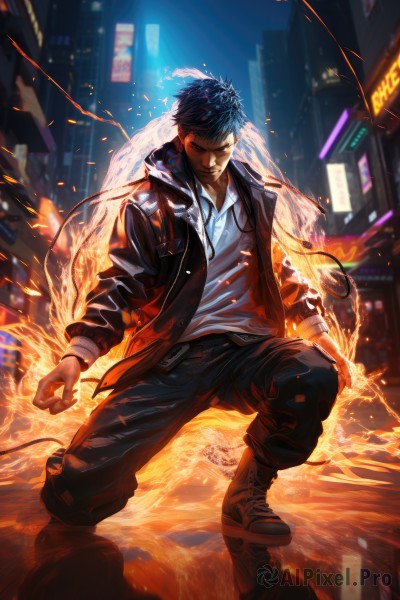 A male captured in a dynamic fiery outdoors