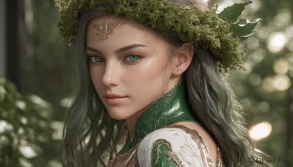 1girl,solo,long hair,looking at viewer,black hair,hair ornament,jewelry,closed mouth,green eyes,grey hair,earrings,outdoors,armor,blurry,from side,lips,eyelashes,depth of field,blurry background,leaf,piercing,ear piercing,portrait,close-up,freckles,circlet,realistic,nose,fantasy,head wreath,bare shoulders,parted lips,day,artist name,wavy hair,thick eyebrows,nature,stud earrings,green theme,bokeh,laurel crown