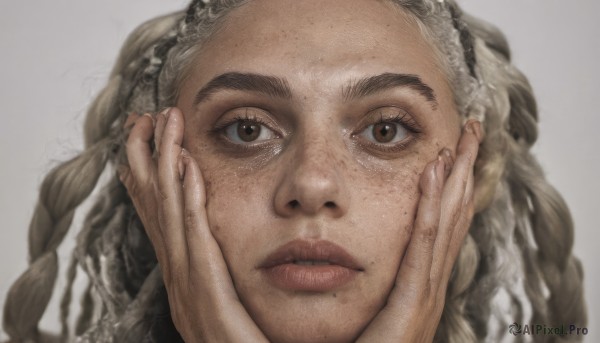 1girl,solo,long hair,looking at viewer,simple background,brown hair,white background,brown eyes,braid,hairband,parted lips,grey background,mole,blurry,lips,eyelashes,portrait,mole under mouth,freckles,realistic,nose,hands on own face,hands on own cheeks,close-up,mole on cheek