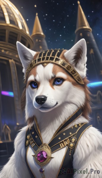 solo,looking at viewer,smile,blue eyes,jewelry,upper body,outdoors,sky,vest,no humans,night,animal,brooch,gem,star (sky),night sky,furry,starry sky,dog,animal focus,white fur,clothed animal,closed mouth,wolf