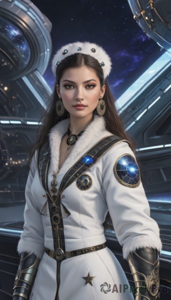 1girl,solo,long hair,looking at viewer,smile,brown hair,black hair,gloves,hat,brown eyes,jewelry,earrings,sky,belt,necklace,star (symbol),lips,coat,fur trim,night,white headwear,gauntlets,star (sky),starry sky,science fiction,realistic,nose,white coat,winter clothes,space,fur hat,ushanka,breasts,long sleeves,upper body,uniform,military,fur collar,hoop earrings,emblem,badge,planet,spacecraft