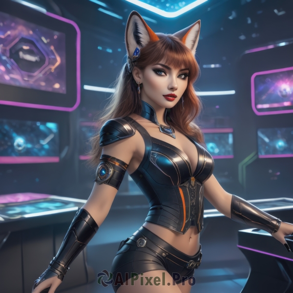 1girl,solo,long hair,breasts,looking at viewer,bangs,blue eyes,large breasts,brown hair,hair ornament,navel,animal ears,cleavage,brown eyes,jewelry,medium breasts,standing,cowboy shot,earrings,parted lips,shorts,choker,midriff,indoors,cat ears,nail polish,armor,mole,lips,fingernails,fox ears,short shorts,makeup,detached collar,black shorts,lipstick,shoulder armor,black nails,armlet,eyeshadow,nose,vambraces,red lips,eyeliner,bustier,gorget,neon lights,collarbone,belt,artist name,necklace,stomach,blurry,bridal gauntlets,long fingernails,realistic,arm guards