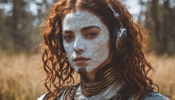 1girl,solo,long hair,looking at viewer,brown hair,brown eyes,closed mouth,scarf,armor,blurry,lips,blurry background,headphones,wavy hair,portrait,science fiction,curly hair,realistic,nose,dreadlocks,jewelry,necklace,black eyes,depth of field,sunlight,freckles