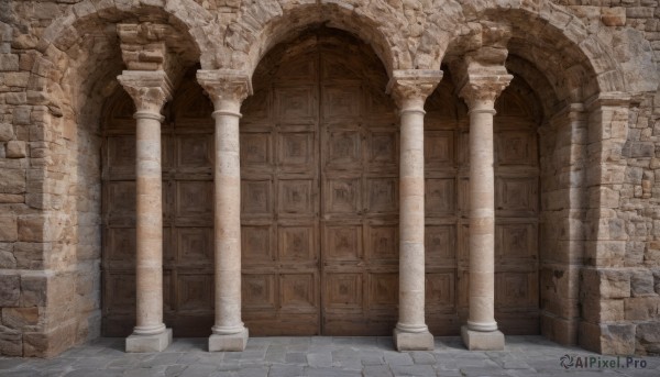 outdoors,day,indoors,no humans,building,scenery,stairs,door,wall,architecture,pillar,arch,column,stone floor,sunlight,ruins,stone wall