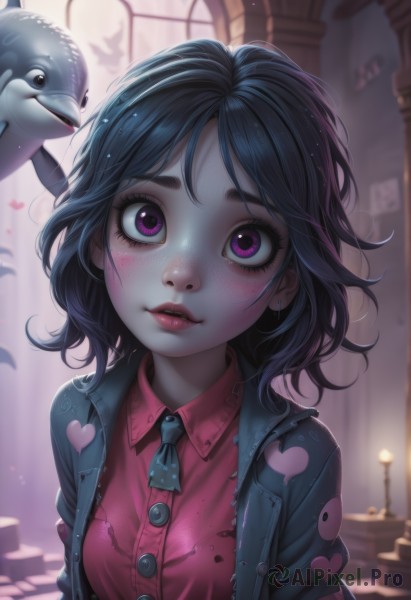 1girl,solo,breasts,looking at viewer,blush,short hair,bangs,shirt,black hair,medium breasts,purple eyes,jacket,upper body,heart,small breasts,parted lips,open clothes,necktie,teeth,collared shirt,artist name,indoors,signature,medium hair,pink eyes,blurry,open jacket,lips,black jacket,parted bangs,eyelashes,window,dress shirt,makeup,buttons,depth of field,blurry background,bird,animal,watermark,looking up,wing collar,lipstick,messy hair,red shirt,web address,tareme,backlighting,freckles,pink shirt,blue necktie,wide-eyed,pink lips,nose,unbuttoned,red lips,print shirt,heart print,deviantart username,denim jacket,print necktie,jewelry,earrings,sunlight,polka dot,blue jacket,zipper,lamp