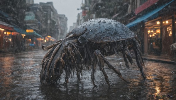 A unique view of a monster in rainy outdoors