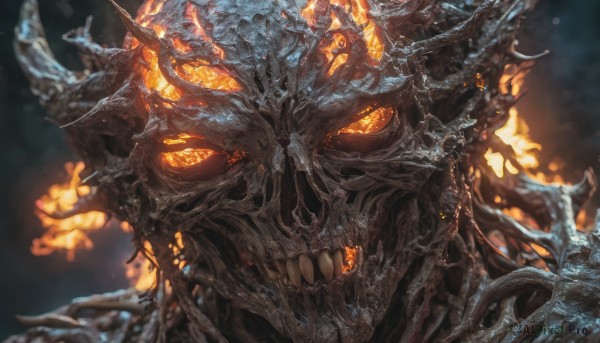 solo,looking at viewer,open mouth,upper body,horns,teeth,blurry,orange eyes,no humans,depth of field,blurry background,glowing,fire,sharp teeth,glowing eyes,spikes,monster,giant,extra eyes,molten rock,kaijuu,skull