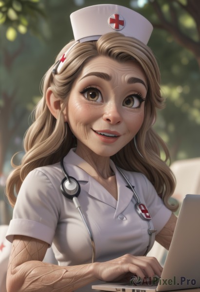 1girl,solo,long hair,breasts,looking at viewer,smile,brown hair,hat,brown eyes,medium breasts,upper body,short sleeves,parted lips,teeth,artist name,blurry,tree,lips,blurry background,forehead,freckles,nurse cap,nurse,computer,laptop,stethoscope,red cross,body freckles,open mouth,outdoors,day,eyelashes,tattoo,thick eyebrows,veins,realistic,nose