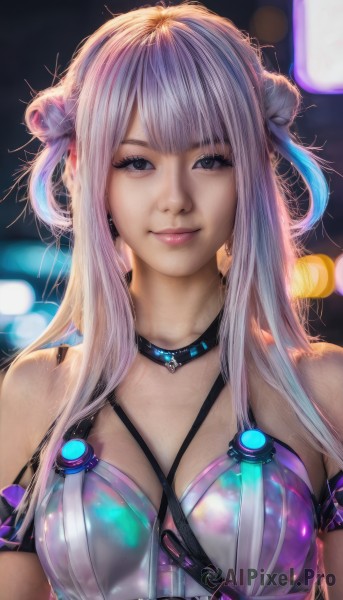 1girl,solo,long hair,breasts,looking at viewer,smile,bangs,bare shoulders,medium breasts,closed mouth,upper body,pink hair,multicolored hair,choker,hair bun,blurry,black eyes,lips,grey eyes,double bun,blurry background,realistic,jewelry,white hair,artist name,cosplay