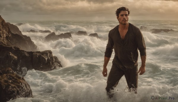 solo,looking at viewer,short hair,brown hair,shirt,black hair,1boy,standing,male focus,outdoors,sky,pants,cloud,water,wet,black shirt,facial hair,ocean,scar,beach,black pants,cloudy sky,beard,scar on face,wading,sleeves rolled up,rock,mountain,realistic,mustache,manly,waves,horizon,grey sky