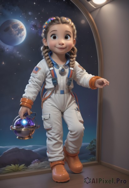 1girl,solo,long hair,looking at viewer,smile,brown hair,long sleeves,holding,brown eyes,standing,full body,braid,boots,sky,indoors,dark skin,twin braids,dark-skinned female,window,night,brown footwear,moon,child,star (sky),forehead,starry sky,realistic,female child,space,planet,earth (planet),spacecraft,spacesuit,space helmet,astronaut,hair ornament,outdoors,lips,bodysuit,watermark,hair over shoulder,rock,nose,overalls