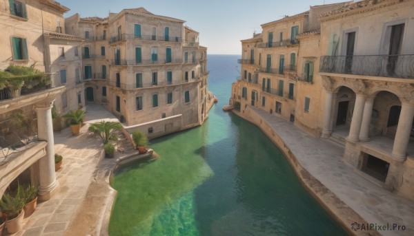 outdoors,sky,day,water,tree,blue sky,no humans,window,ocean,plant,building,scenery,stairs,city,door,potted plant,road,watercraft,house,bridge,river,boat,grass,cityscape,town,arch