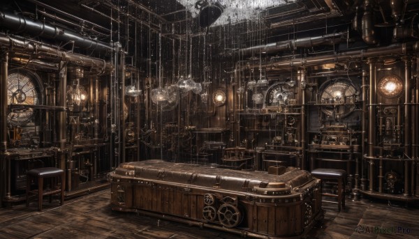 indoors,no humans,window,ground vehicle,scenery,rain,clock,vehicle focus,gears,barrel,industrial pipe,steampunk,crate,chair,table,wooden floor,tiles,lamp,tile floor,stool,ceiling,bar (place),ceiling light,analog clock,wall clock,wooden chair