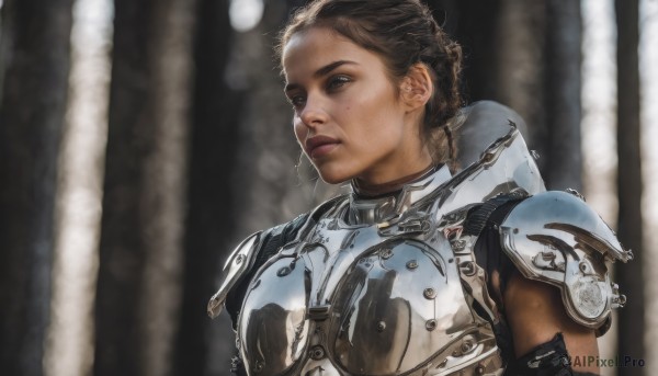 1girl,solo,short hair,brown hair,brown eyes,upper body,armor,mole,blurry,lips,blurry background,shoulder armor,freckles,pauldrons,breastplate,realistic,nose,plate armor,closed mouth,mole on cheek