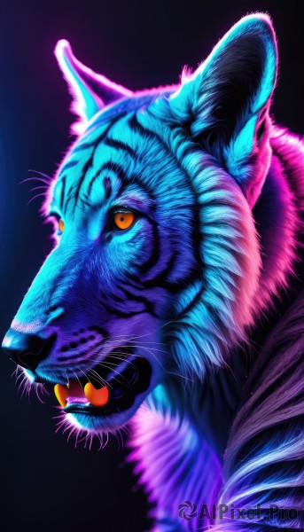 solo,simple background,closed mouth,yellow eyes,horns,signature,blurry,from side,orange eyes,no humans,glowing,animal,fangs,cat,black background,portrait,colored sclera,realistic,animal focus,whiskers,tiger,teeth,artist name,profile,clenched teeth