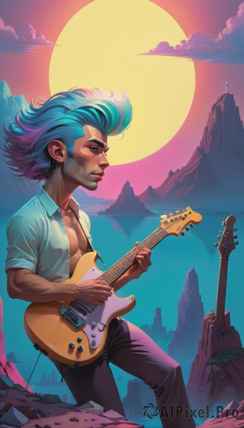 solo,short hair,shirt,1boy,holding,jewelry,blue hair,standing,male focus,multicolored hair,outdoors,parted lips,open clothes,sky,collared shirt,pants,cloud,dark skin,lips,open shirt,profile,muscular,black pants,moon,instrument,sunset,rock,mountain,nose,music,guitar,playing instrument,holding instrument,electric guitar,signature,spiked hair,sun,pompadour