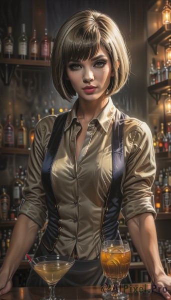 1girl,solo,breasts,looking at viewer,short hair,bangs,brown hair,shirt,black hair,brown eyes,medium breasts,standing,white shirt,upper body,parted lips,collared shirt,indoors,vest,cup,lips,grey eyes,eyelashes,dress shirt,makeup,buttons,bob cut,bottle,lipstick,grey shirt,alcohol,sleeves rolled up,drinking glass,black vest,realistic,nose,red lips,glass,eyeliner,wine glass,wine,wine bottle,bar (place),counter,cocktail glass,bartender,artist name,signature,mole,swept bangs,suspenders,partially unbuttoned,mascara