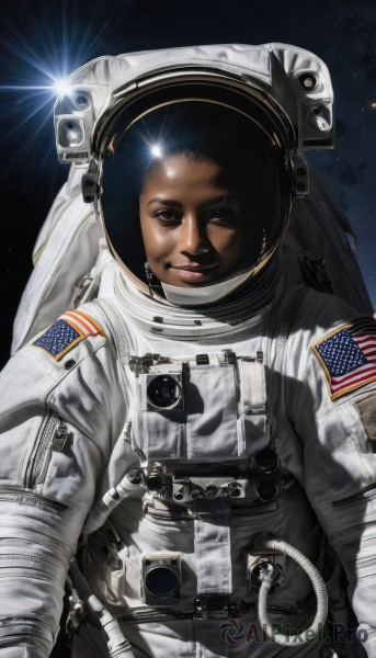 solo,looking at viewer,smile,gloves,1boy,brown eyes,male focus,one eye closed,dark skin,helmet,star (sky),reflection,science fiction,realistic,space,planet,american flag,spacesuit,japanese flag,astronaut,star (symbol),flag print,earth (planet),space helmet,united states