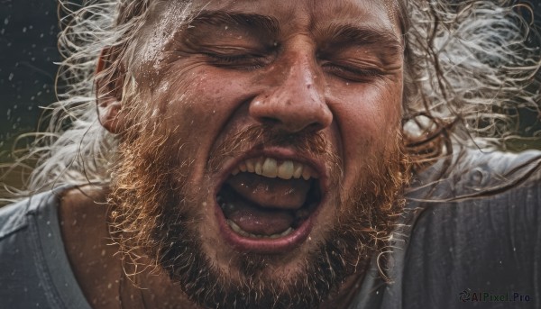 solo,open mouth,shirt,1boy,closed eyes,white hair,male focus,teeth,tongue,facial hair,messy hair,portrait,facing viewer,beard,close-up,snowing,realistic,mustache,manly,old,old man,wrinkled skin,blonde hair,white shirt,lips,stubble