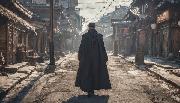 solo,brown hair,long sleeves,1boy,hat,standing,male focus,outdoors,sky,day,cloud,from behind,black footwear,coat,shadow,building,scenery,lantern,city,facing away,road,architecture,east asian architecture,power lines,street,black hair,cape,black headwear,cloak,sign,paper lantern,utility pole,alley,pavement,vanishing point,storefront