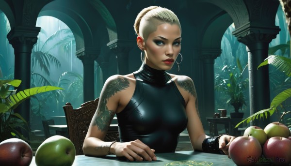 1girl,solo,breasts,looking at viewer,short hair,blue eyes,blonde hair,dress,bare shoulders,jewelry,medium breasts,sitting,closed mouth,upper body,earrings,food,sleeveless,indoors,hair bun,black dress,bracelet,lips,tattoo,makeup,fruit,chair,table,single hair bun,plant,lipstick,hoop earrings,nose,apple,red lips,arm tattoo,dark skin,nail polish,dark-skinned female,halterneck,eyeshadow,backlighting,eyeliner,cherry,pillar,mascara