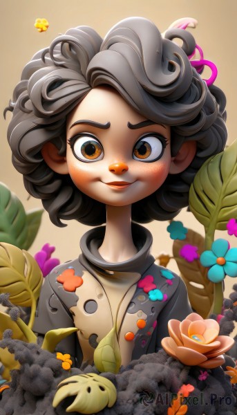 1girl,solo,looking at viewer,blush,smile,short hair,black hair,ribbon,brown eyes,jewelry,closed mouth,upper body,flower,artist name,necklace,lips,leaf,bug,plant,butterfly,child,freckles,curly hair,ladybug,hair ribbon,grey hair,orange eyes,watermark,blue flower